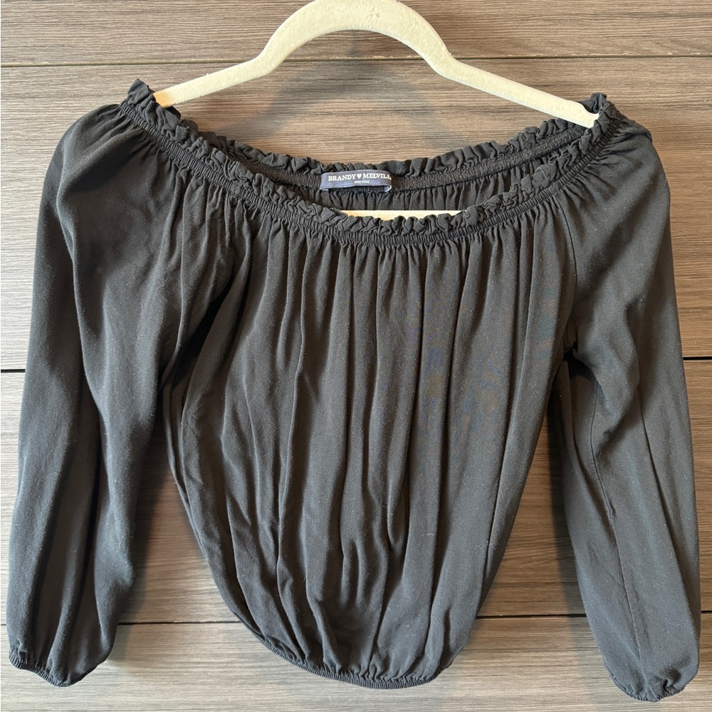 Brandy Melville Black Off-Shoulder Smocked Hem Top
